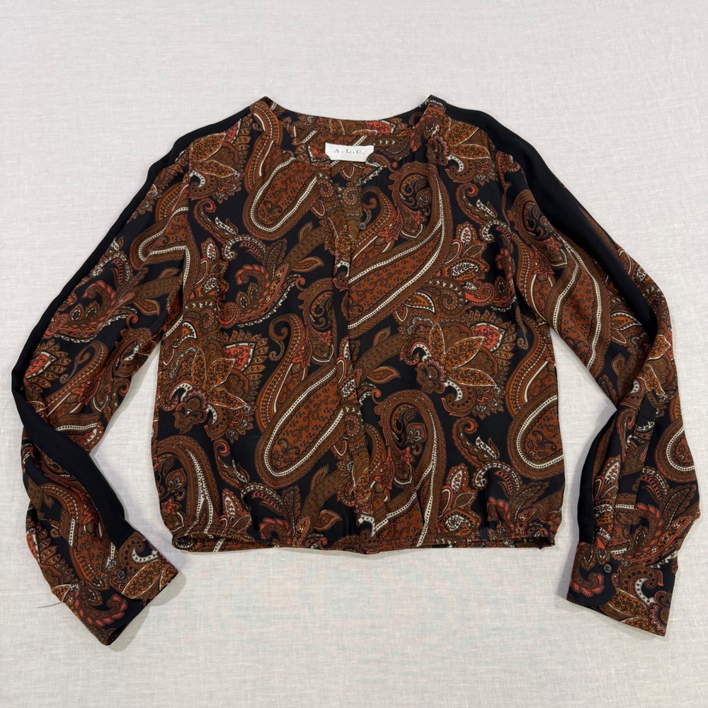 A.L.C. Washed Silk Paisley Blouse Black Brown Long Sleeve Top Small‎